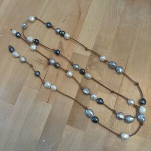 Pearl Leather Necklace White Silver Blue Peacock Freshwater Wrap